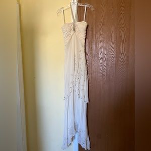 Cream halter asymmetrical dress with silver embroidery and beading with shawl